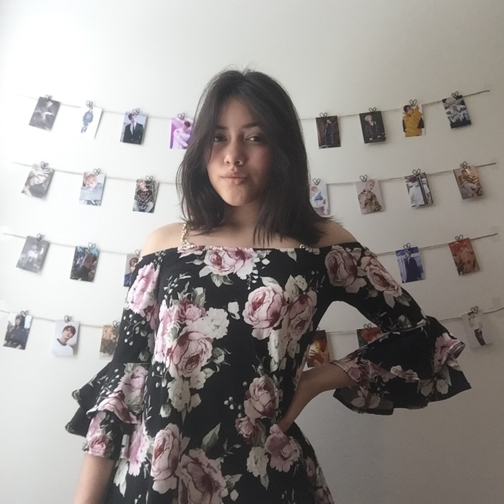 Off the Shoulder Black and Pink Blouse